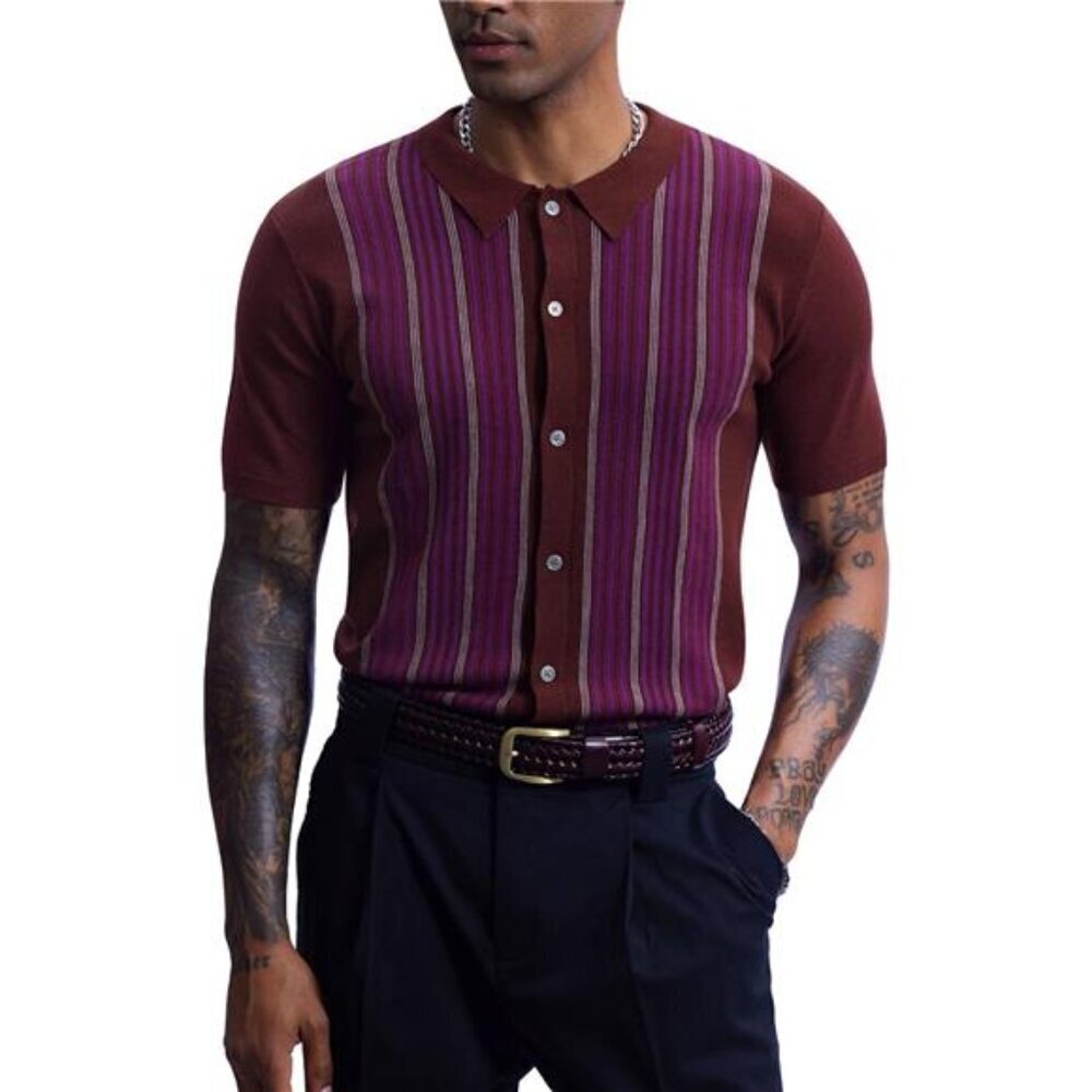 Vintage Knit Polo Shirt Men Wine Red Button Down